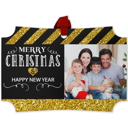 Personalized Metal Ornament - Modern Corners with Merry Christmas, Happy New Year Black And Gold Glitter design