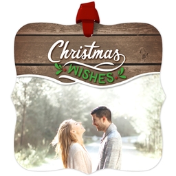 Personalized Metal Ornament - Fancy Bracket with Rustic Christmas Wishes design
