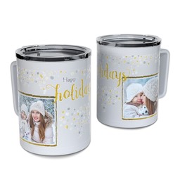 Personalized Coffee Travel Mugs with Happy Holidays Confetti design