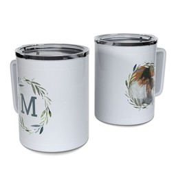 Personalized Coffee Travel Mugs with Leaf Wreath design