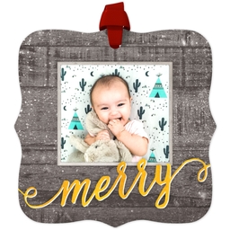Personalized Metal Ornament - Fancy Bracket with Merry Wood design