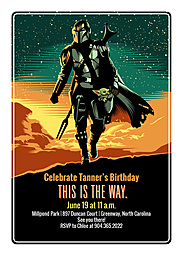 5x7 Greeting Card, Glossy, Blank Envelope with Star Wars The Mandalorian and Grogu Birthday Party Invitation design