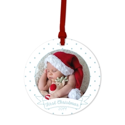 Ceramic Round Photo Ornament with First Christmas design