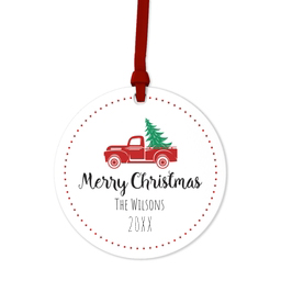 Ceramic Round Photo Ornament with Red Truck Christmas design
