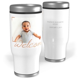 Stainless Steel Tumbler, 14oz with Rose Gold Welcome design